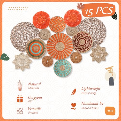 15 Pcs Boho Rattan Wall Baskets Hanging Decor (Orange Style)