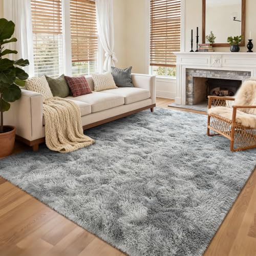 5x7 Ft Shag Area Rug for Bedroom (Ab Tie Dyed Light Grey / 5' X 7' (Rectangular))