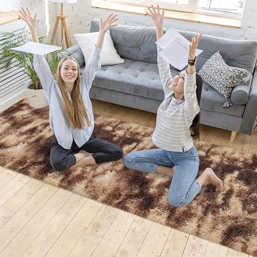 Super Soft Fluffy Living Room Area Rug 2x10 ft Tie (Tie-dyed Brown / 2' x 10' (Runner))