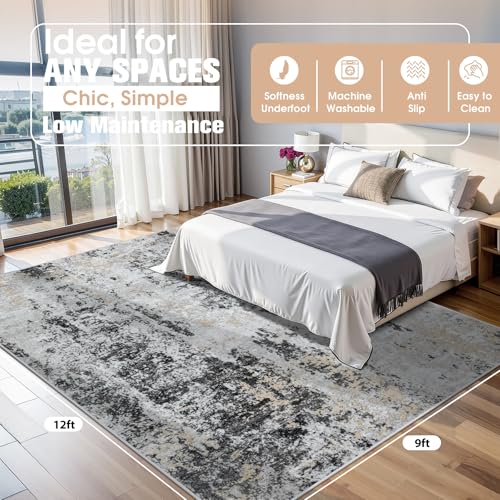 9x12 Area Rugs for Living Room Washable Bedroom Dining Room Black Grey Gold (Black Grey/Gold / 9' x 12' (Rectangular))