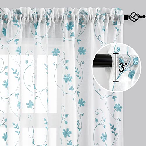 White and Blue Embroidered Floral Sheer Curtains 96 Inches Long 2 Panels Flower Pattern Semi Sheer Window Curtains for Bedroom Living Room (52"W x 96"L (Pack of 2) / White & Blue)
