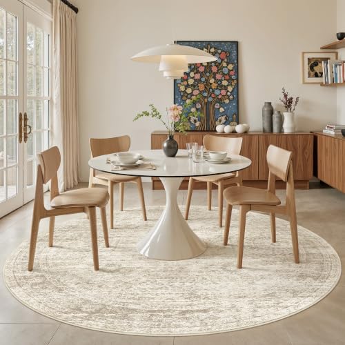 Round Rugs 9ft Living Room Circle Area Rug 9x9 Beige Vintage (Beige / 9' (Round))