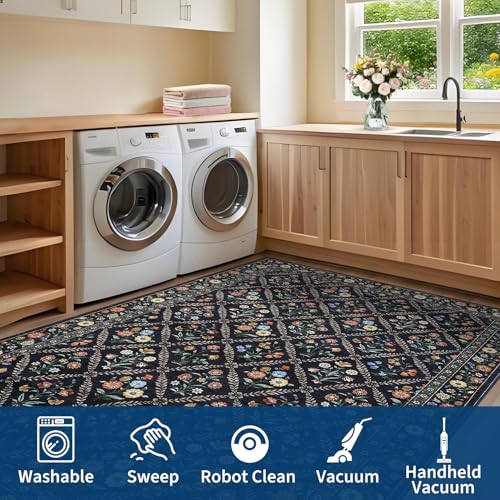 Washable Kitchen Rugs Non Slip 2x6 Hallway Runner Stain Resistant Low Pile Rug (Navy/Black / 2' x 6' (Rectangular))