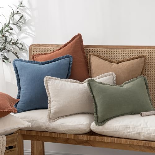 Boho Linen Fringe Decorative Throw Pillow Covers Blue Ashes 18x18 (18" x 18" (Pack of 2) / Blue Ashes)