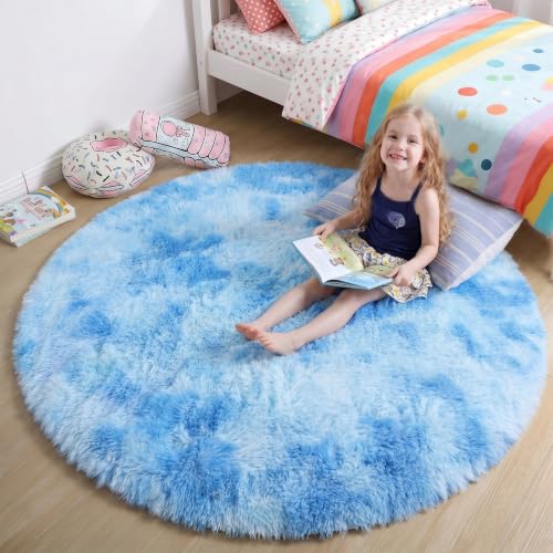 Tie Dyed Light Blue Round Circle Rug 5Ft for Girls Bedroom Nursery (Tie-dyed Blue / 5' (Round))