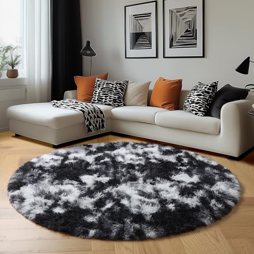 Black White Grey Round Circle Area Rug 4Ft for Bedroom Living Room (Black White Grey / 4' (Round))