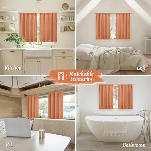 Short Terracotta 48 Inch Linen Curtains for Kitchen Window 2 Panels (42"W x 48"L (Pack of 2) / Rod Pocket - Terracotta)