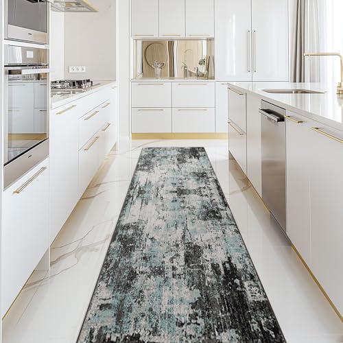 Washable Runner 2'x10' Abstract Area Rug for Hallway Teal Black (Black/Teal Blue / 2' x 10' (Runner))