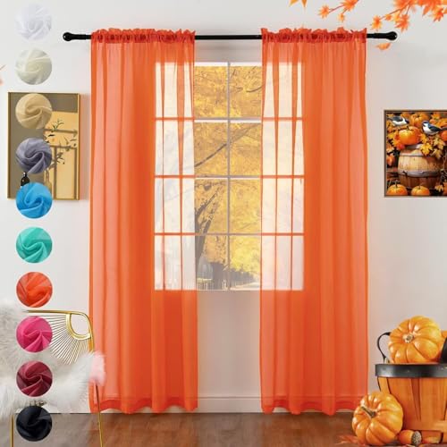 Solid Sheer Rod Pocket Curtain Voile Draperies 2 Panels White Beige Black Grey Coffee 52 Inch Width 45 Inch Long 1 Pair for Kitchen Bedroom Children Living Room Yard (Burnt Orange / 52"W x 45"L (Pack of 2))