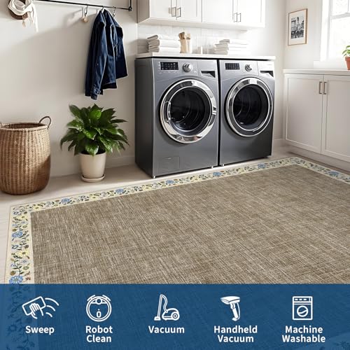 10x13 Machine Washable Rugs for Living Room Large Area Rug Modern Floral Indoor Accent Carpet Low Pile Carpet Soft Throw Aesthetic Floor Cover for Bedroom Laundry Dining Room (Taupe/Flax / 10' x 13' (Rectangular))