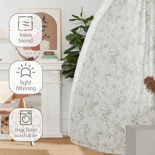 Grey Floral Linen Curtains 90 Inch Vintage Back Tab 2 Panels (Flower Grey on White / 50"W x 90"L (Pack of 2))