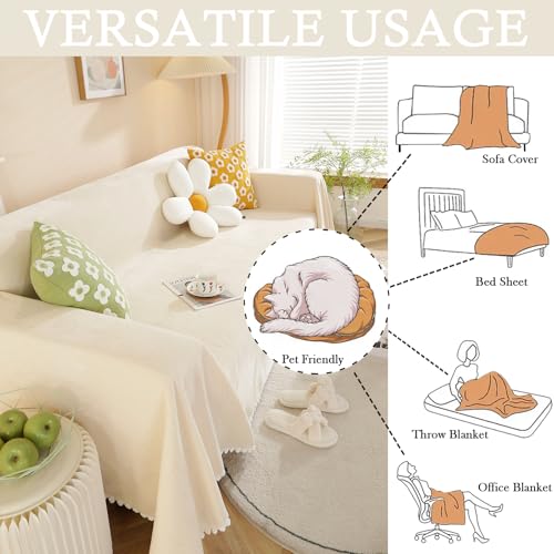 Beige Couch Covers for 3 Cushion Couch Sofa Cute Sofa Covers with White Daisy Lace Pet Couch Protector Thick Chenille Couch Cover for Dogs Sectional Sofa L Shape Futon (71" x 134" / Daisy:beige)