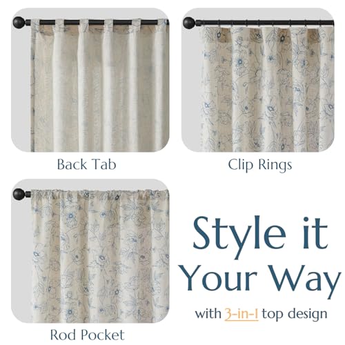 Floral Linen Curtains for Living Room 63 Inch Length Blue Flower Curtain Rod Pocket Back Tab Farmhouse Curtains with Printed Floral Bedroom Window Curtain Set (Penny Blue on Ecru / 50"W x 63"L (Pack of 2))