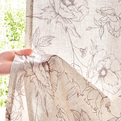 Floral Linen Curtains for Living Room 84 Inch Length Brown Flower Curtain Rod Pocket Back Tab Farmhouse Curtains with Printed Floral Bedroom Window Curtain Set (Penny Brown on Ecru / 50"W x 84"L (Pack of 2))