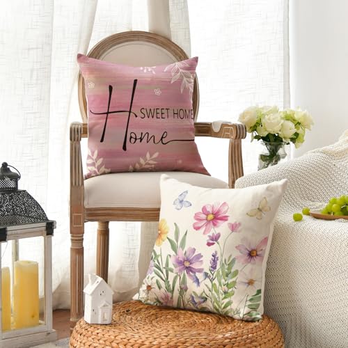 Spring Saying Flowers Butterfly Pink Throw Pillow Covers (Pink / 18" x 18" (Pack of 4))