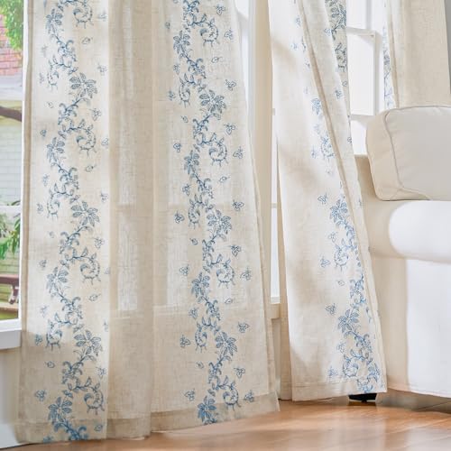 Floral Linen Curtains 96 Inch Farmhouse Back Tab 2 Panels (Vine | Sky Blue / 50"W x 96"L (Pack of 2))
