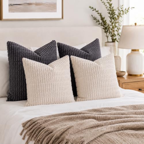 Pack of 2 Corduroy Decorative Throw Pillow Covers 22x22 Inch (Cream White / 22" x 22" (Pack of 2))