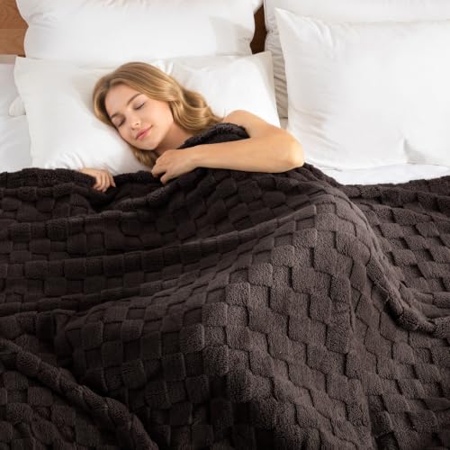 3D Checkered Fleece Queen Blanket for Bed (Coffee / Queen (90"x90"))