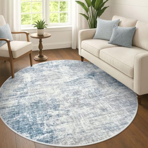 Abstract Round Area Rug 6 Ft Washable Circle Rugs Large Round Rug Non Slip Thin Soft Circle Rugs (Light Blue/Grey/White / 6' (Round))