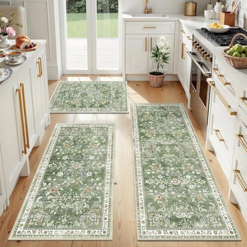 2x3+2x4+2x5Ft Washable Kitchen Rug Set of 3 Non Slip (Green / 2' x 3'+2' x 4'+2' x 5')
