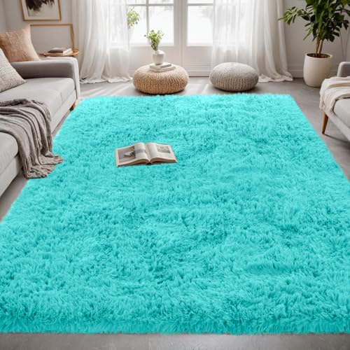 4x6 Fluffy Shag Area Rugs for Living Room Bedroom (Teal Blue / 4' x 6' (Rectangular))