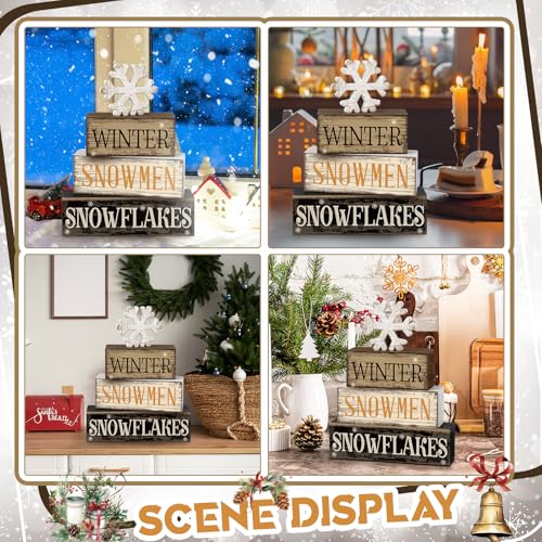 4 Pcs Wooden Block Signs Winter Tiered Tray Decor Farmhouse (Snow)