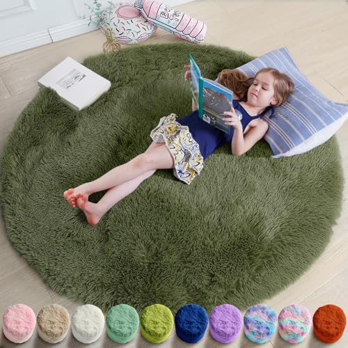 Olive Green Round Shag Area Rug 4Ft for Bedroom Living Room Office (Olive Green / 4' (Round))