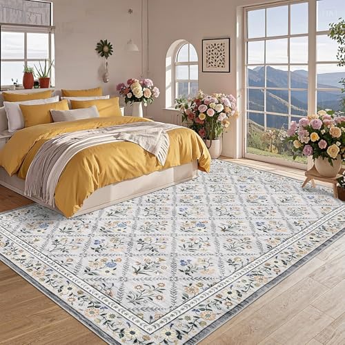 Floral Rug 4x6 Rug Machine Washable Area Rug for Living Room (Grey/Beige / 4' x 6' (Rectangular))