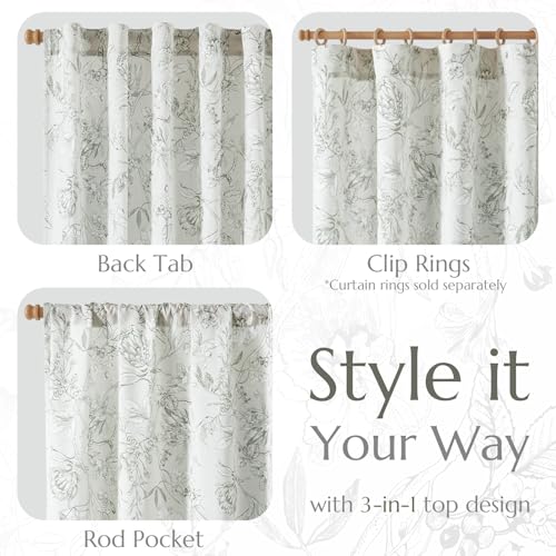 Grey Floral Linen Curtains 90 Inch Vintage Back Tab 2 Panels (Flower Grey on White / 50"W x 90"L (Pack of 2))