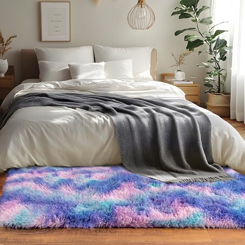 Runner Rugs for Bedroom 2x6 Rug Runners for Hallways Non Slip Soft Shag Bedside Rug (2' x 6' (Rectangular) / Rainbow Purple)