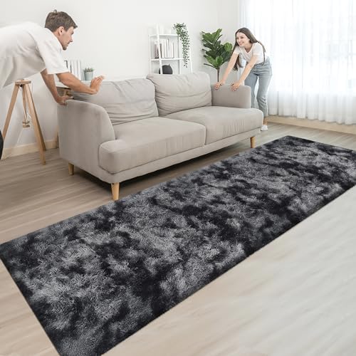 Tie Dyed Runner Rug for Bedroom Black Grey 3x10ft Fluffy Area Rug Bedside Runner Rug for Kids Room Boys Teens Nursery Baby Living Room Dorm Home Decor Carpets (Tie-dyed Black Grey / 3' x 10' (Runner))