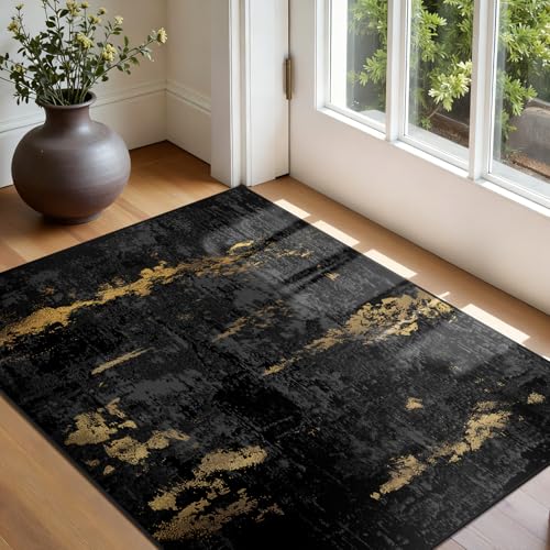 Washable 3'x5' Abstract Area Rug for Living Room Black Gold (Black/Gold / 3' x 5' (Rectangular))