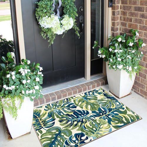 Front Door Mat Outside Entrance (Monstera Leaf - Green Navy / 2' x 3' (Rectangular))