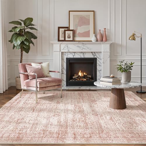 5x7 Area Rugs Pink Low Pile Washable Trendy Faded Style Rug (Pink / 5' x 7' (Rectangular))