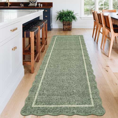 Scalloped Washable Runner Rug 2x8 Non Slip Kitchen Rugs (Greyish Green / 2' x 8' (Runner))