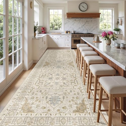 4x10 Wide Hallway Runner Rug Washable for Living Room (Beige/Blue / 4' x 10' (Runner))