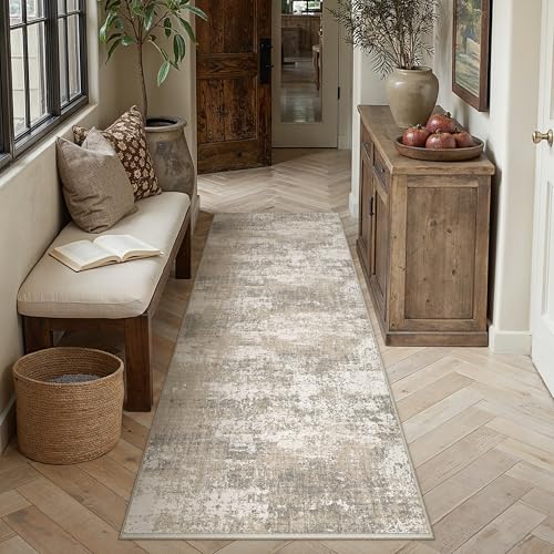 Beige Brown Runner Rug 2x8 Modern Abstract (Abstract Beige Brown / 2' x 8' (Runner))