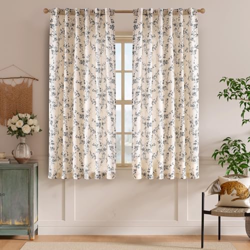 Black Vintage Floral Linen Curtains Farmhouse 50W X 63L 2 Panels (Black on Beige / 50"W x 63"L (Pack of 2))