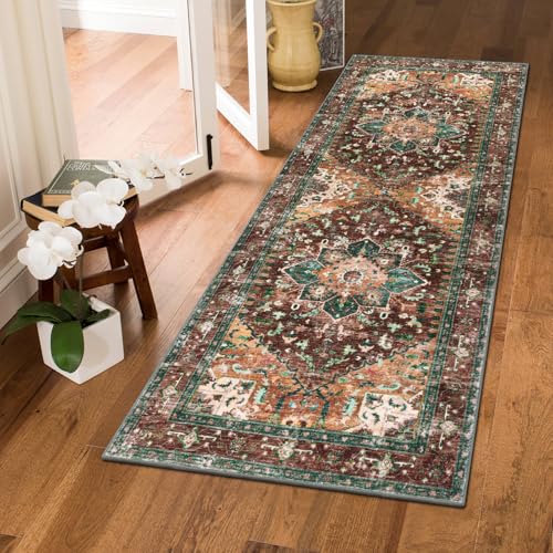 Washable Runner Rug (2' x 5' / Rust/Dull Teal)