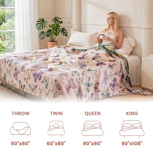 Boho Throw Cotton Butterfly Blanket 60"x80" for Couch Sofa Decor (Colorful Butterfly / 60"x80")
