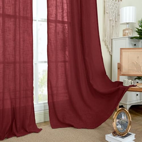 Semi Sheer Linen Curtains 45 Inches Long for Windows (Burgundy Red / 52"W x 45"L (Pack of 2))