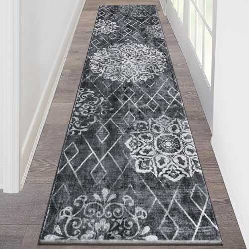 HEBE Hallway Runner Rug 2'x8' (Black/Grey / 2' x 8' (Rectangular))