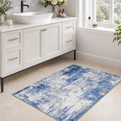 Washable 3'x5' Abstract Area Rug for Living Room Blue Gray (Blue/Gray / 3' x 5' (Rectangular))