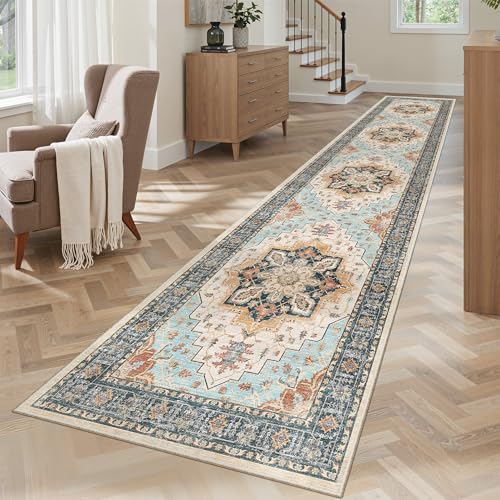 Washable Runner Rugs 2x10 Long for Hallway Kitchen (Orange/Blue / 2' x 10' (Runner))