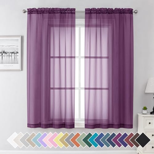 Plum Purple Sheer Curtains 63 Inches Long 2 Panels Set (40"W x 63"L (Pack of 2) / Plum)