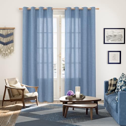 Denim Blue Linen Semi Sheer Curtains 80 Inch Length for Living Room (Denim Blue / 52"W x 80"L (Pack of 2))