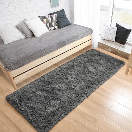 Fluffy Runner Rugs for Bedroom Aesthetic 2x6 Shag Soft Bedside Rug (Dark Grey / 2' X 6' (Runner))