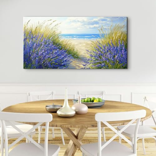 Farmhouse Lavender Wall Art Beach Wall Decor Purple Floral Landscape Pictures Vintage Wildflower Canvas Prints Painting Modern Seascape Artwork for Kitchen Living Room Home Decoration 24x48” (48"L x 24"W / Beach02)