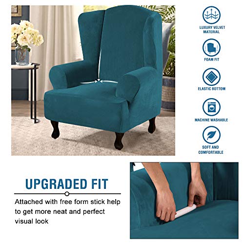 Wingback Chair Covers Velvet Plush Wing Chair Slipcover 1 Piece High Stretch Wing Back Chair Slipcovers Sofa Cover Furniture Cover with Elastic Bottom (Deep Teal / Wing Chair)