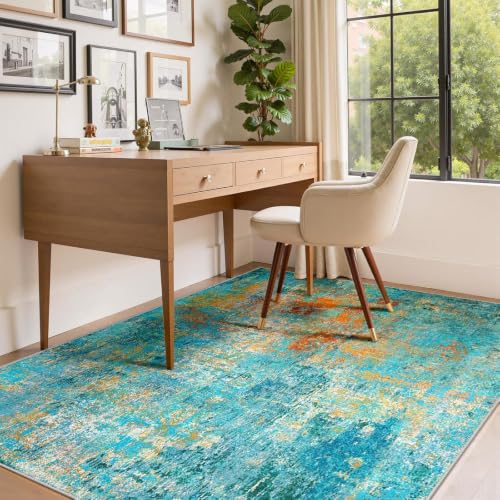 Washable 4'x6' Abstract Area Rug for Living Room Teal Multi (Teal Blue/Green/Orange / 4' x 6' (Rectangular))
